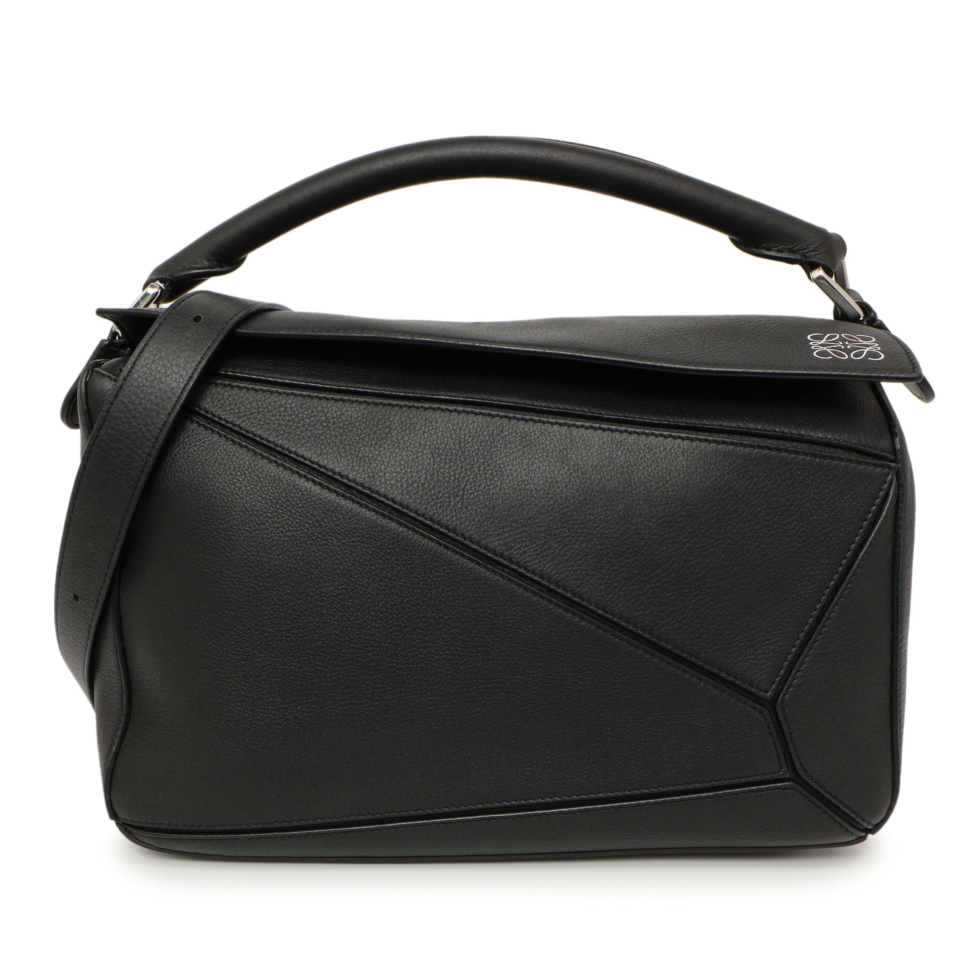 Exclusive Loewe Black Calfskin Medium Puzzle Bag — Front View