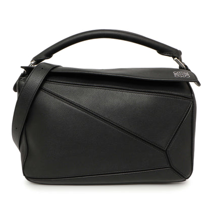Exclusive Loewe Black Calfskin Medium Puzzle Bag — Front View