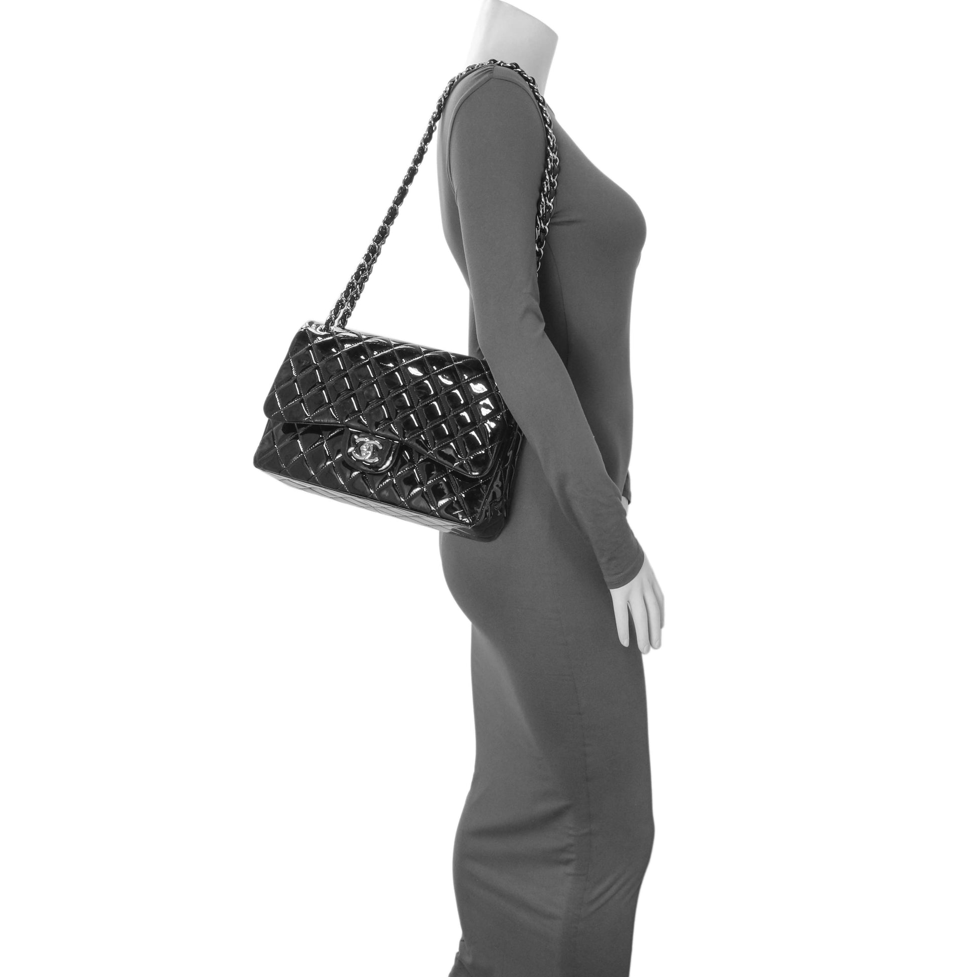 Exclusive Chanel Black Quilted Patent Jumbo Double Flap — Alternate View 12