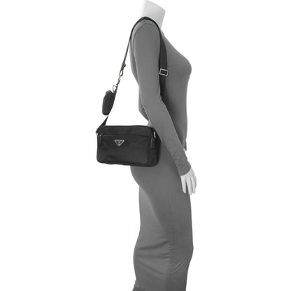 Exclusive Prada Black Re-Nylon Vela Saffiano Pocket Double Zip Shoulder Bag — Lifestyle View