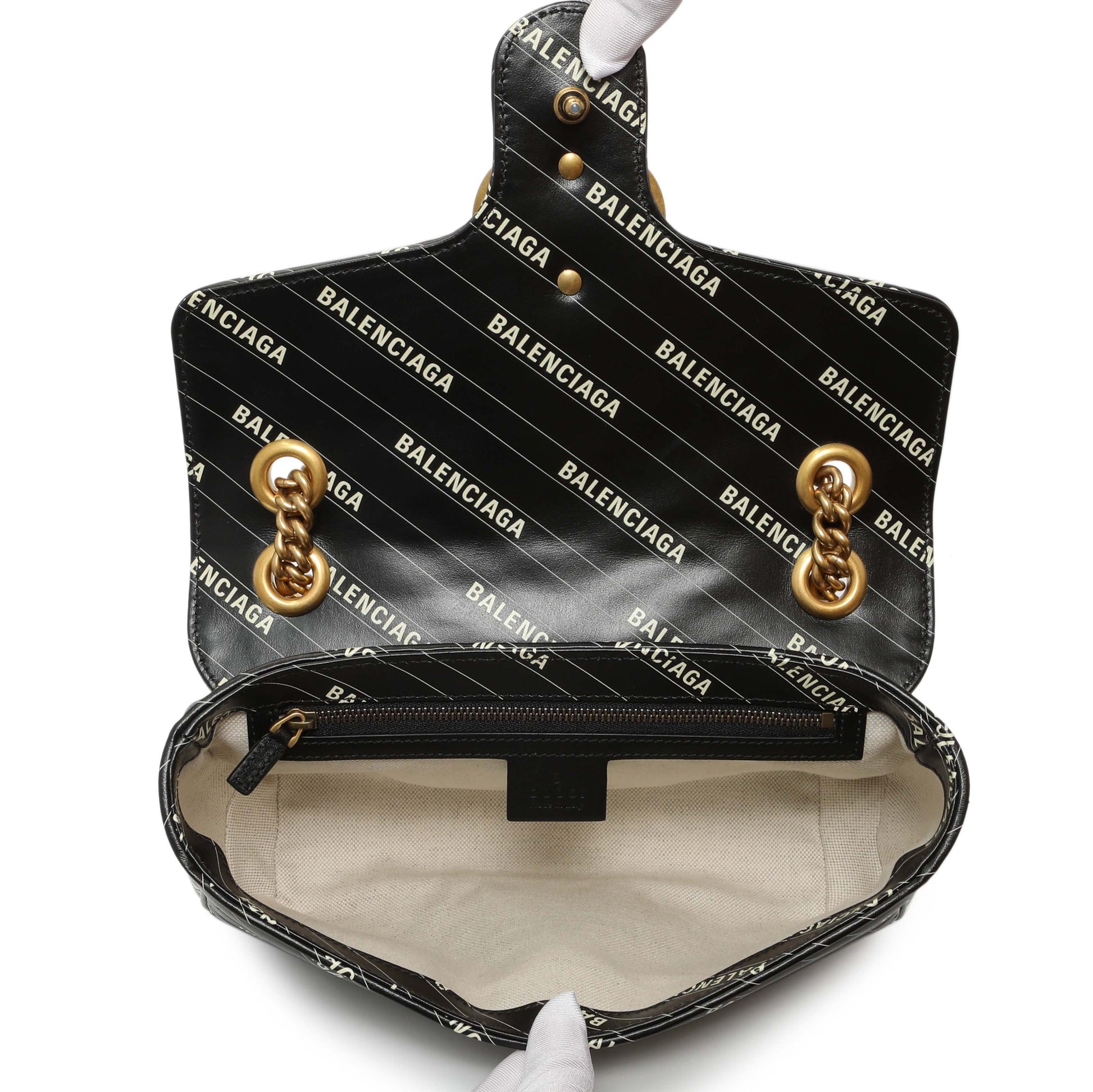 Exclusive Gucci X Balenciaga Calfskin Matelasse Logo Print Small GG Marmont Shoulder Bag — Detail View