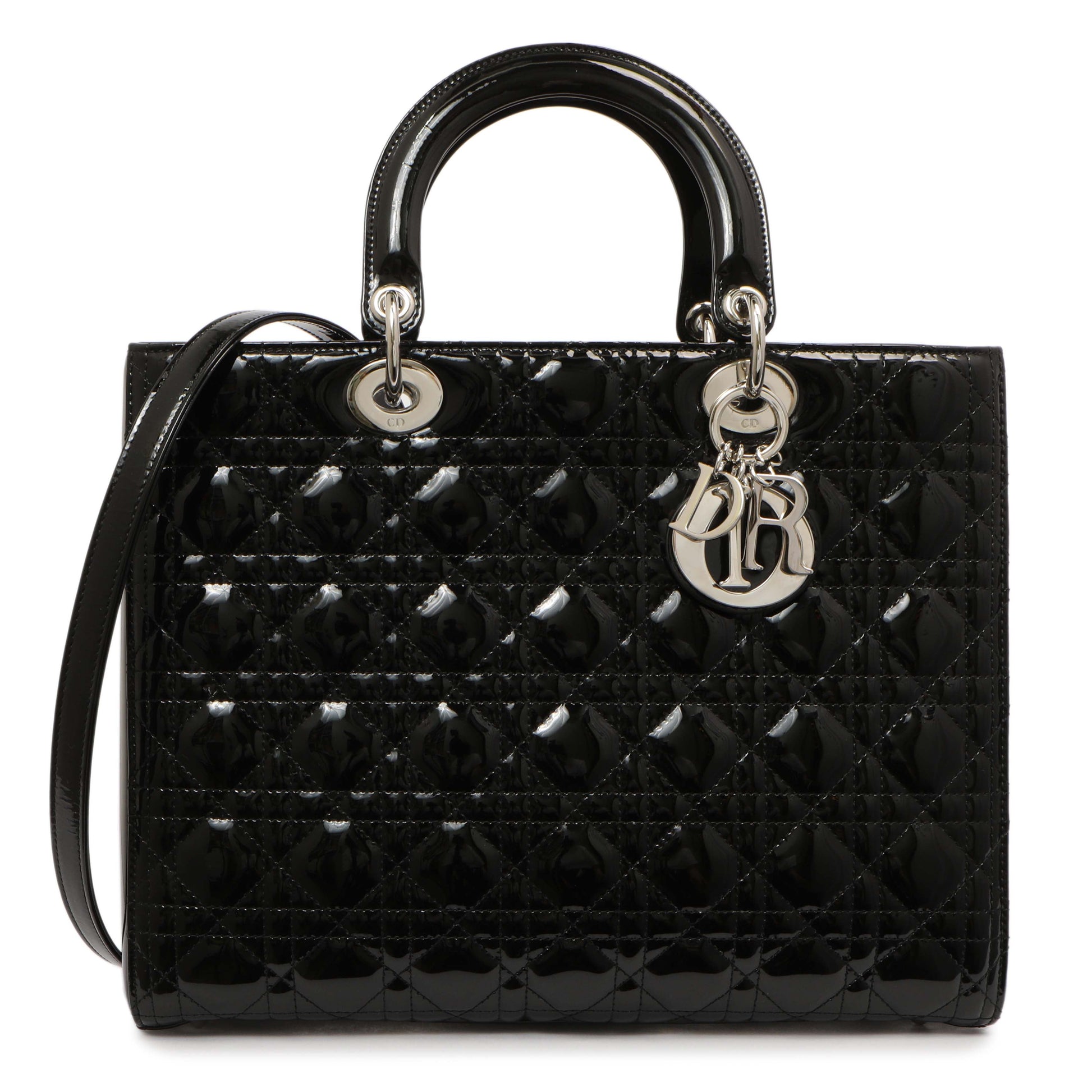 Exclusive Christian Dior Black Patent Cannage Large Lady Dior — Front View