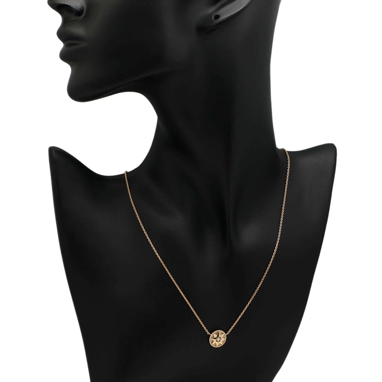 Exclusive Christian Dior 18K Yellow Gold Diamond Mother of Pearl Rose des Vents Necklace — Detail View