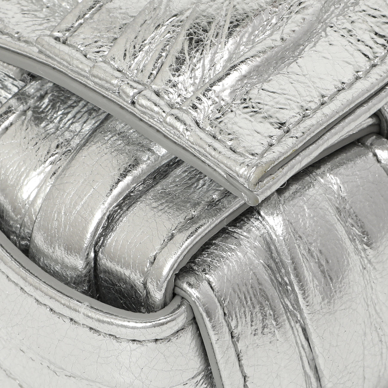 Exclusive Bottega Veneta Metallic Silver Calfskin Intreccio Plisse Small Cassette Crossbody Bag — Lifestyle View