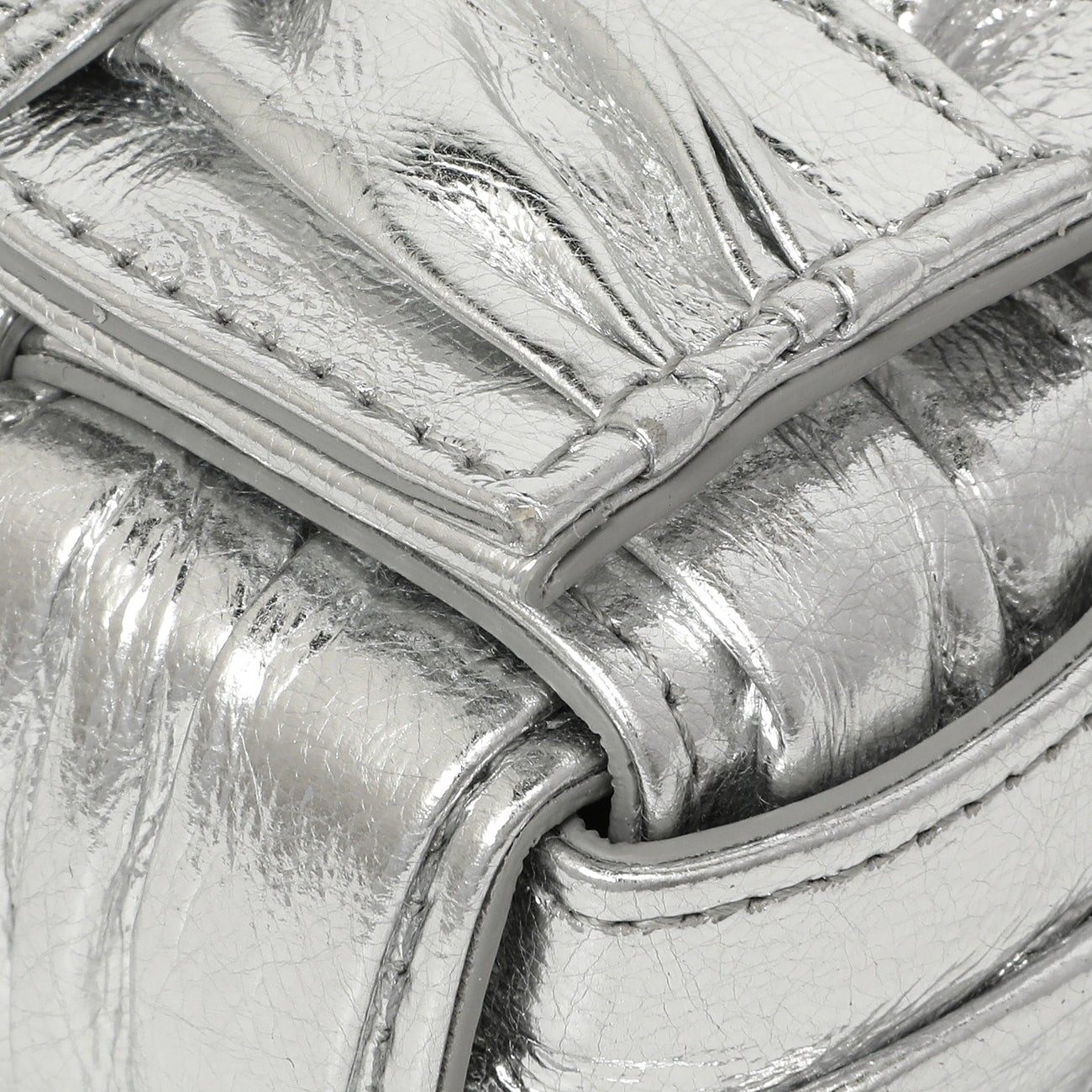 Exclusive Bottega Veneta Metallic Silver Calfskin Intreccio Plisse Small Cassette Crossbody Bag — Detail View