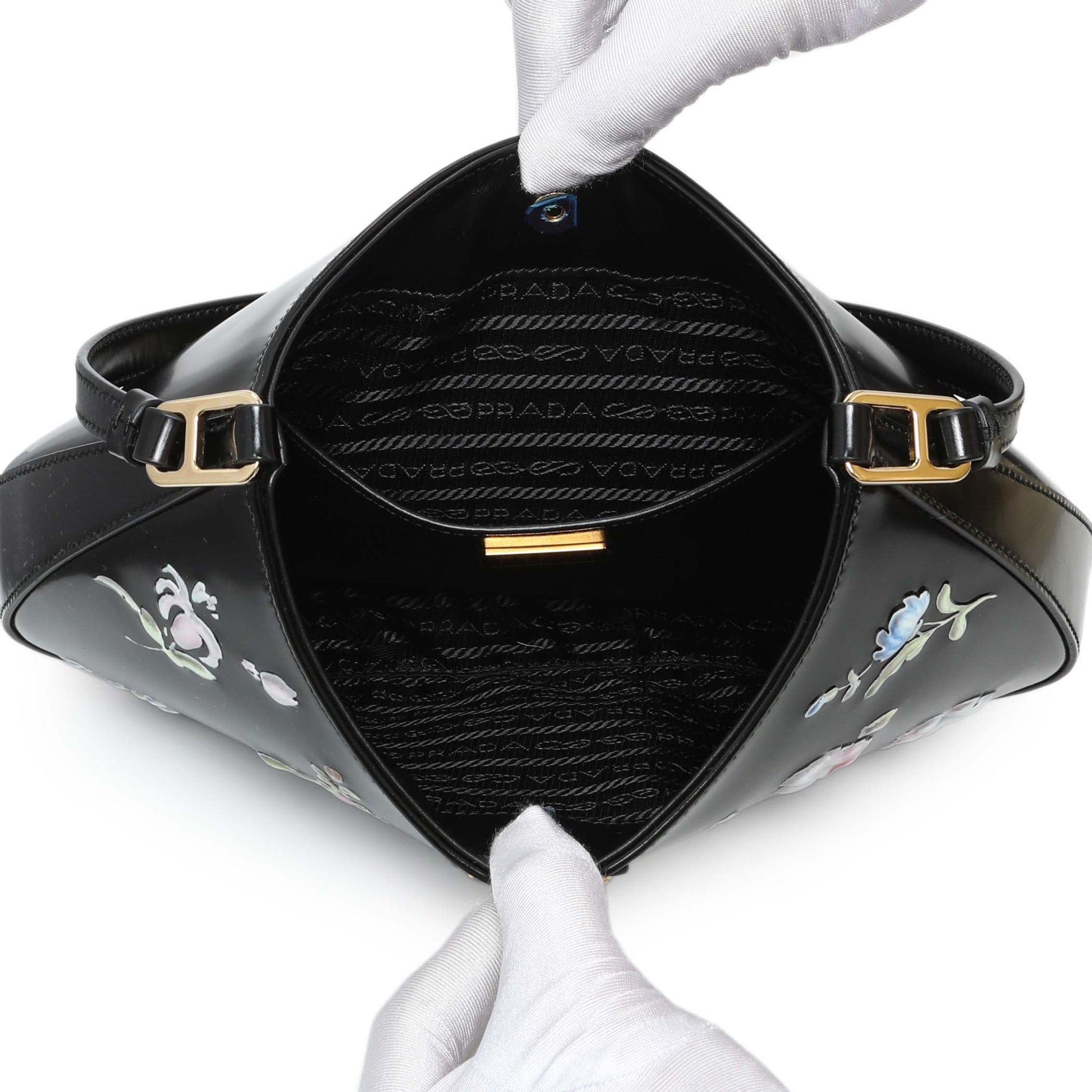 Exclusive Prada Black Floral Spazzolato Cleo Bag — Lifestyle View