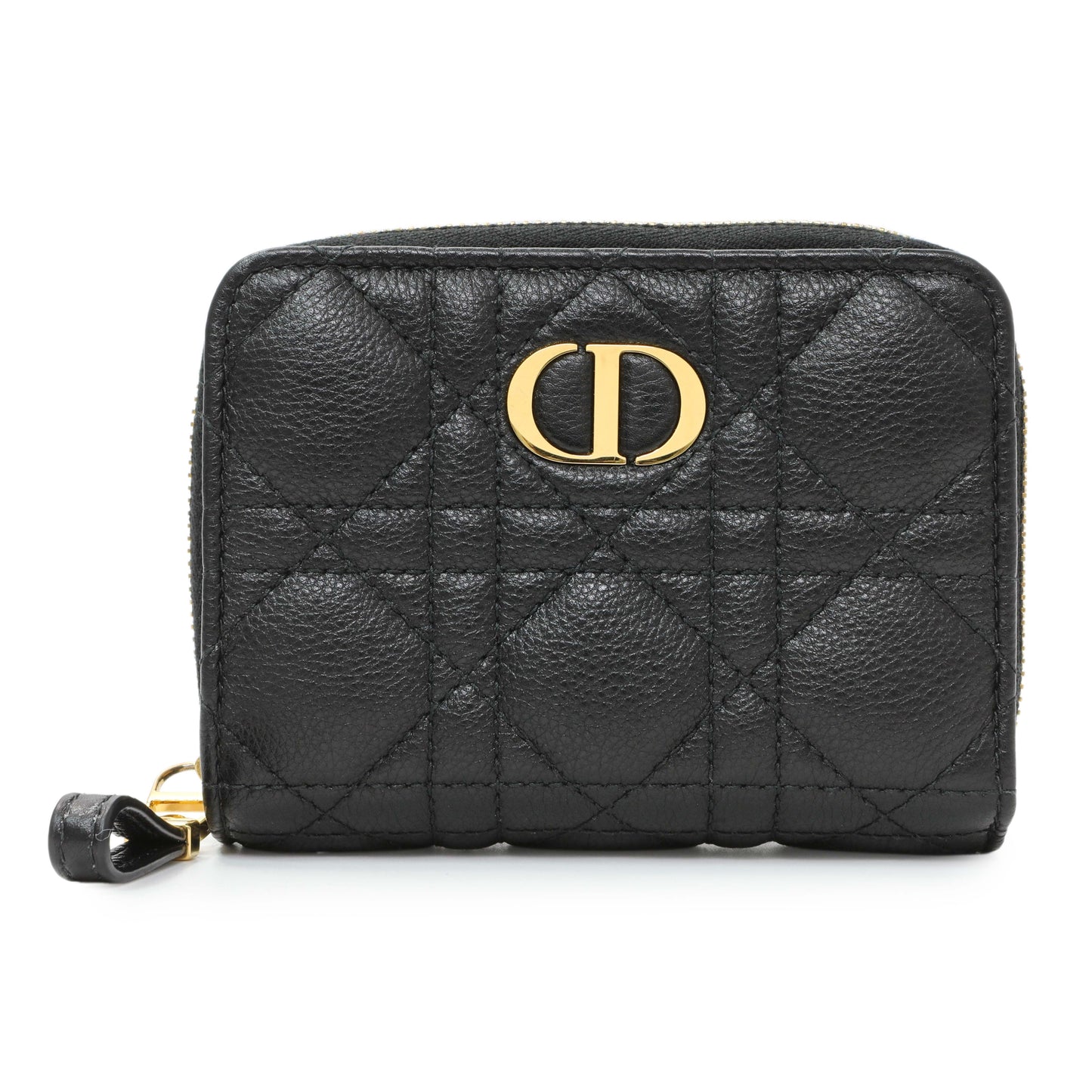 Exclusive Christian Dior Black Grained Calfskin Supple Cannage Caro Scarlet Zipped Wallet — Front View