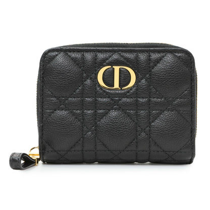 Exclusive Christian Dior Black Grained Calfskin Supple Cannage Caro Scarlet Zipped Wallet — Front View