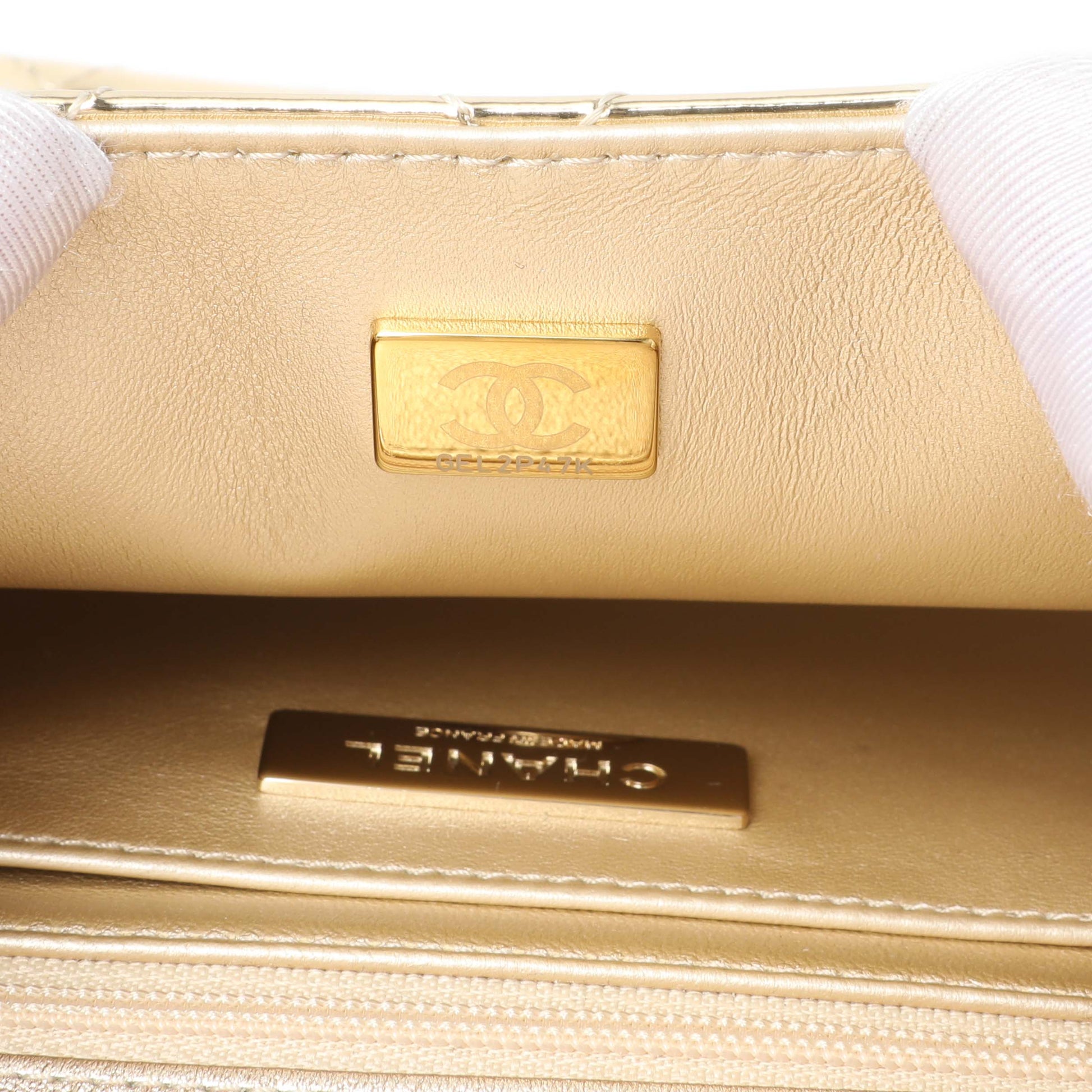 Exclusive Chanel Gold Mirror Calfskin Quilted Hollywood Boulevard Mini Flap With Star Coin Purse — Lifestyle View
