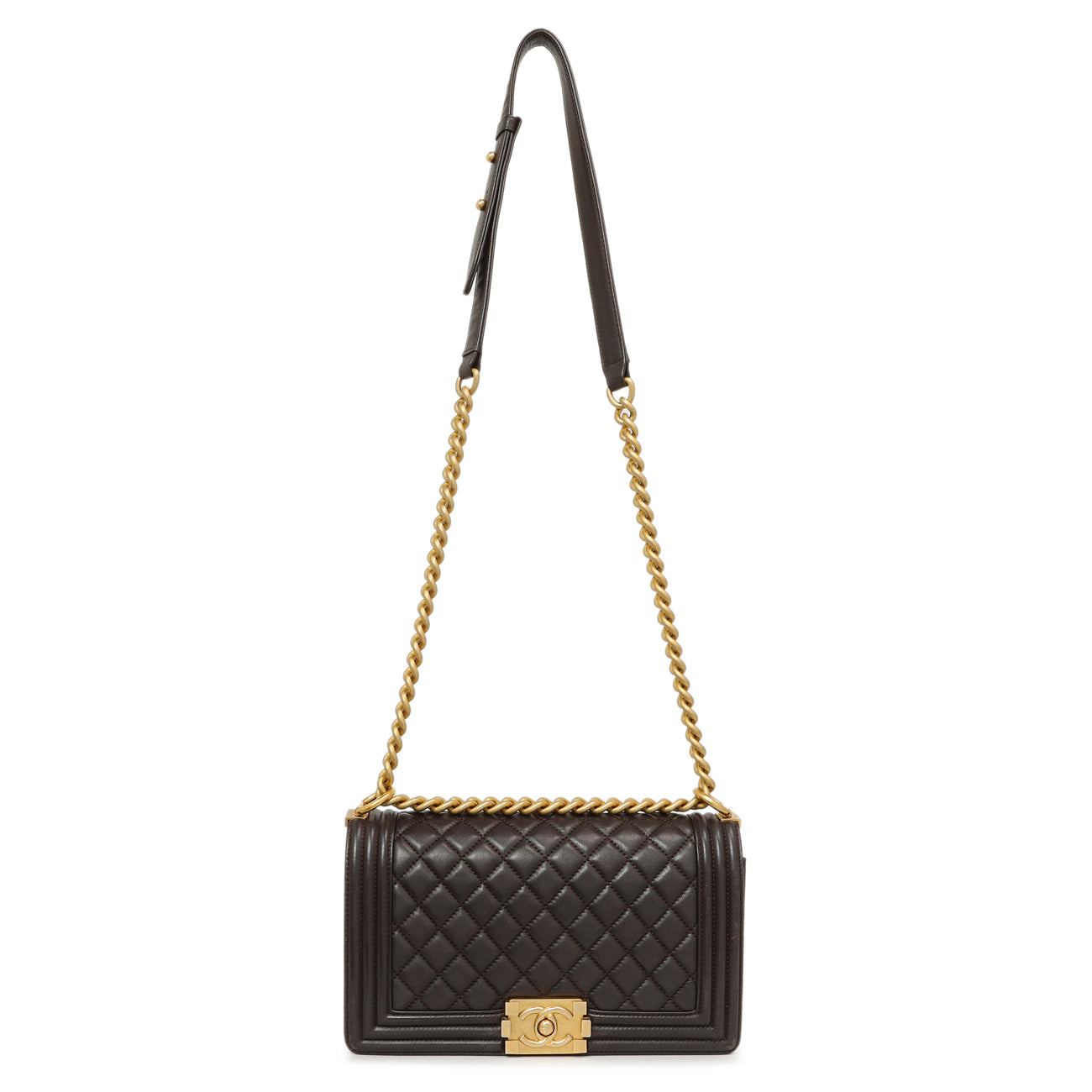 Exclusive Chanel Dark Brown Quilted Calfskin Medium Boy Bag — Front View