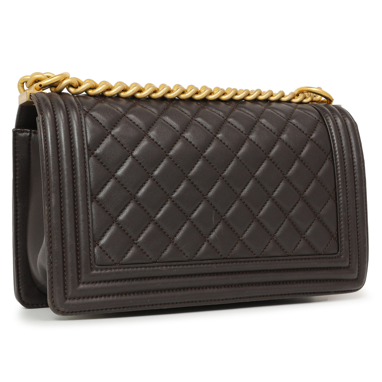 Exclusive Chanel Dark Brown Quilted Calfskin Medium Boy Bag — Back View