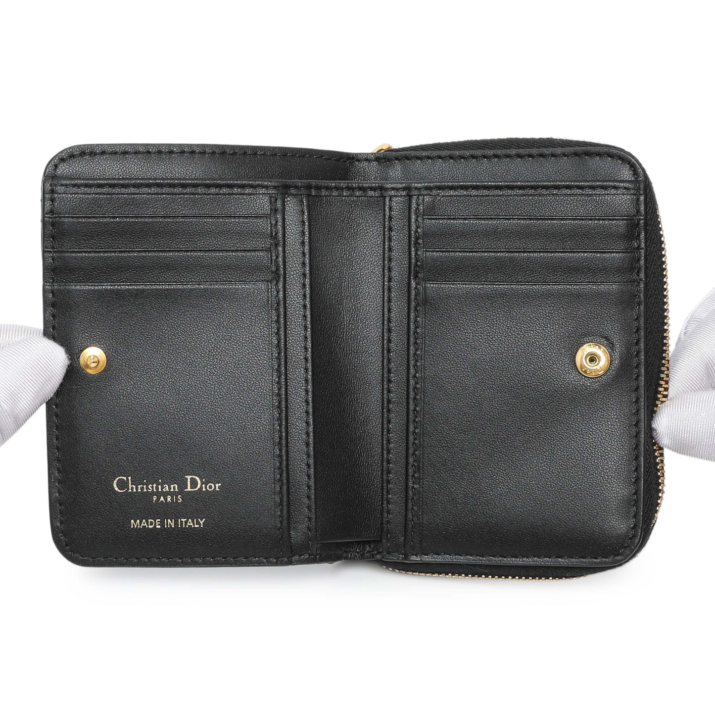 Exclusive Christian Dior Black Grained Calfskin Supple Cannage Caro Scarlet Zipped Wallet — Detail View
