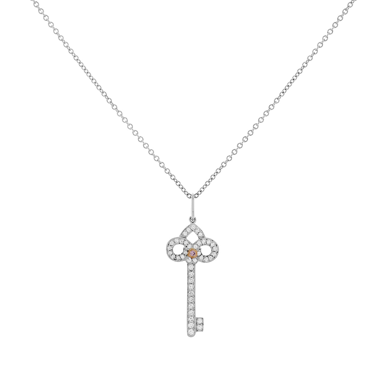 Exclusive Tiffany & Co. Platinum 18K Rose Gold Pink Diamond Mini Fleur de Lis Key — Front View