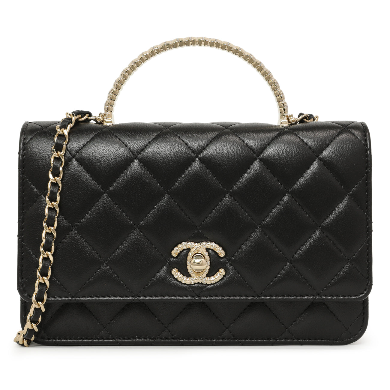Exclusive Chanel Black Quilted Lambskin Crystal Top Handle Wallet on Chain WOC — Front View