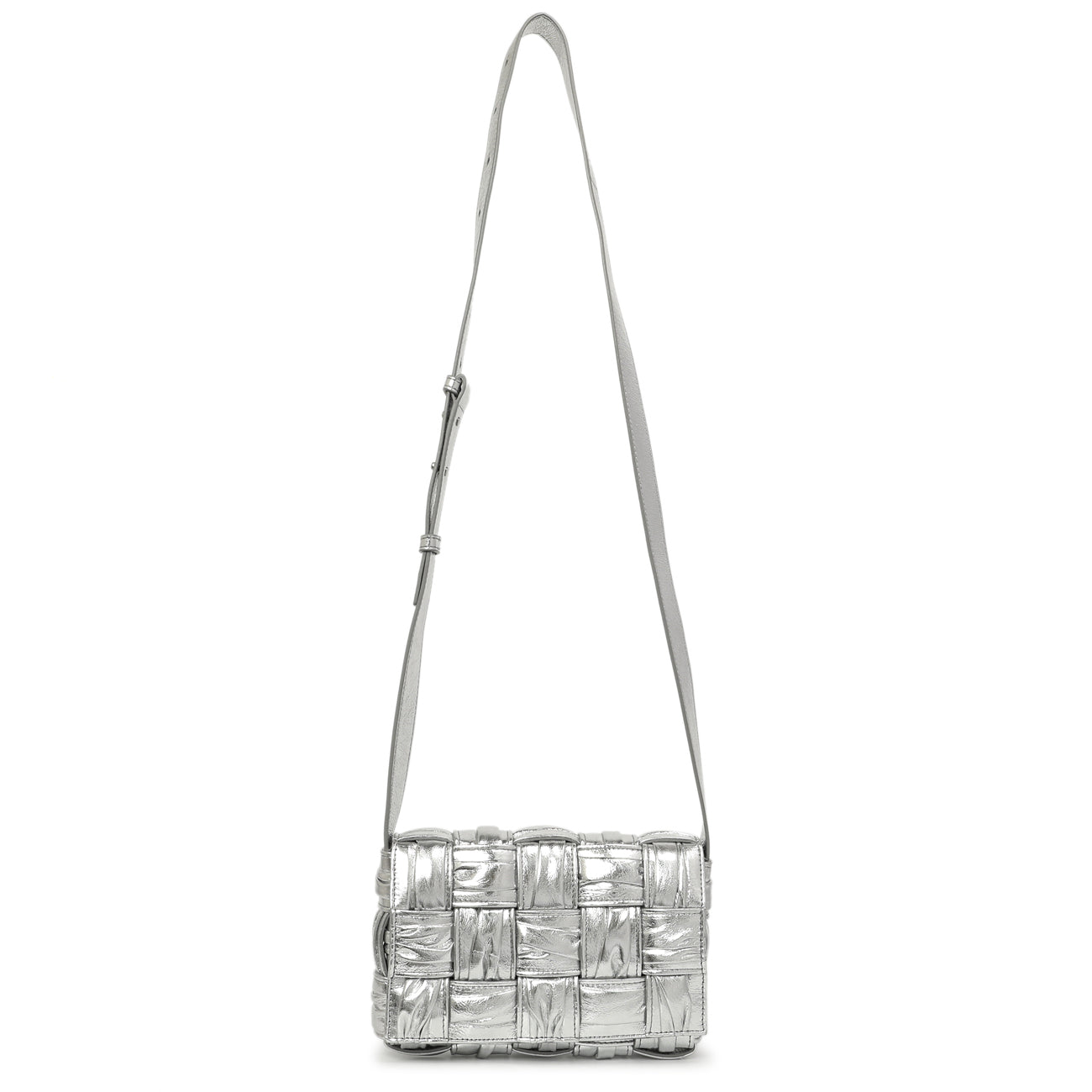 Exclusive Bottega Veneta Metallic Silver Calfskin Intreccio Plisse Small Cassette Crossbody Bag — Front View
