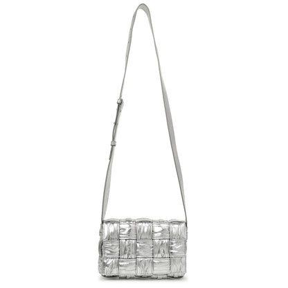 Exclusive Bottega Veneta Metallic Silver Calfskin Intreccio Plisse Small Cassette Crossbody Bag — Front View