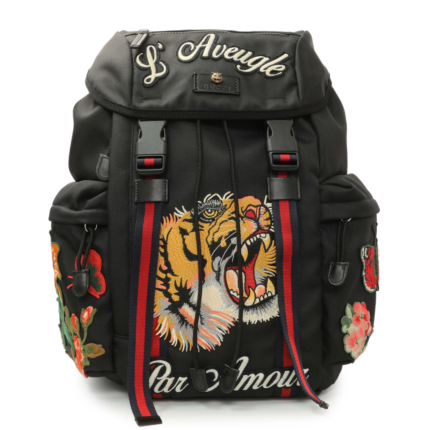 Exclusive Gucci Techno Canvas Web L'Aveugle Par Amour Embroidered Double Buckle Backpack — Front View