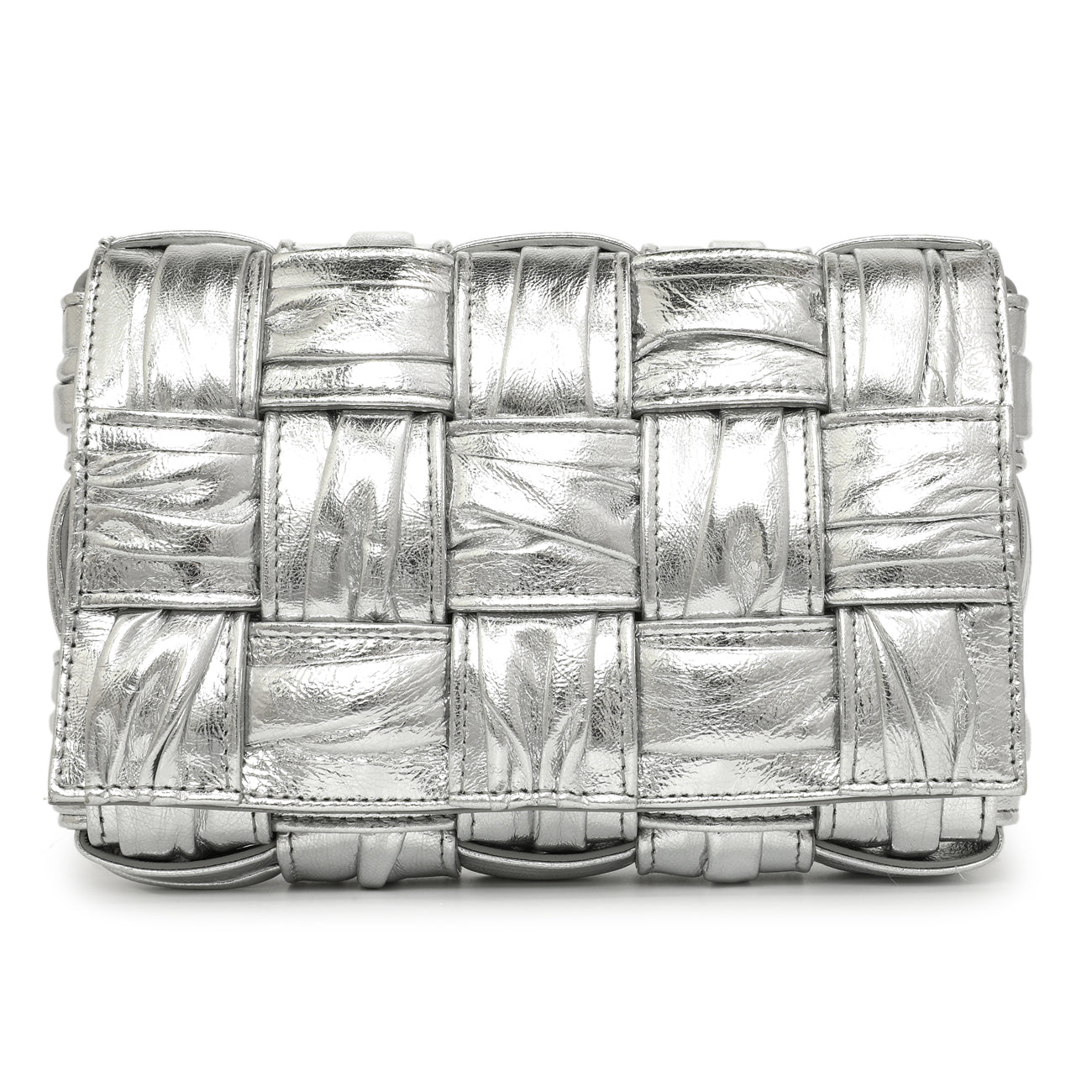 Exclusive Bottega Veneta Metallic Silver Calfskin Intreccio Plisse Small Cassette Crossbody Bag — Side View