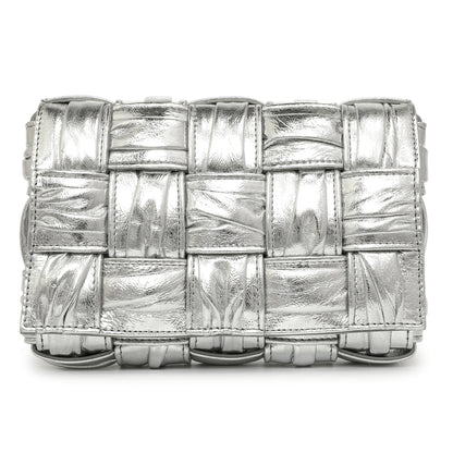 Exclusive Bottega Veneta Metallic Silver Calfskin Intreccio Plisse Small Cassette Crossbody Bag — Side View