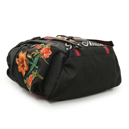 Exclusive Gucci Techno Canvas Web L'Aveugle Par Amour Embroidered Double Buckle Backpack — Back View