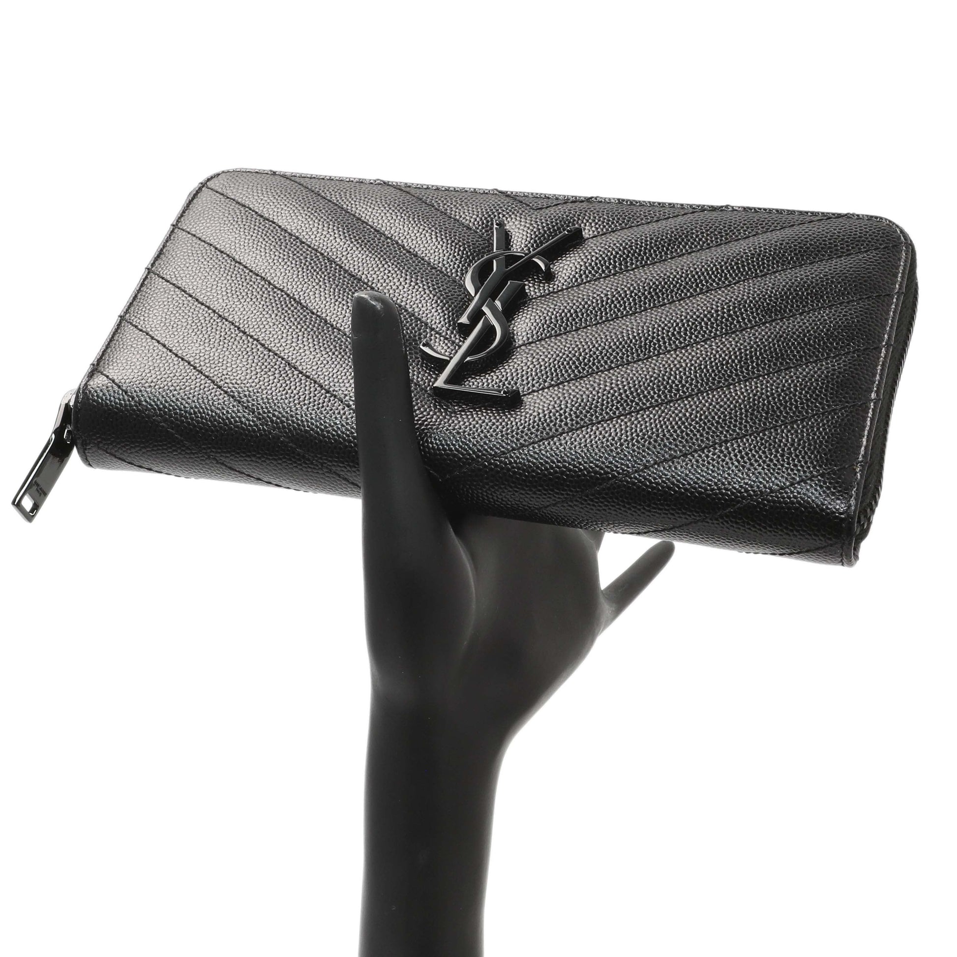 Exclusive Saint Laurent Black Grain De Poudre Matelasse Chevron Monogram Zip Around Wallet — Alternate View 7