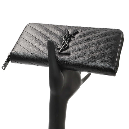 Exclusive Saint Laurent Black Grain De Poudre Matelasse Chevron Monogram Zip Around Wallet — Alternate View 7