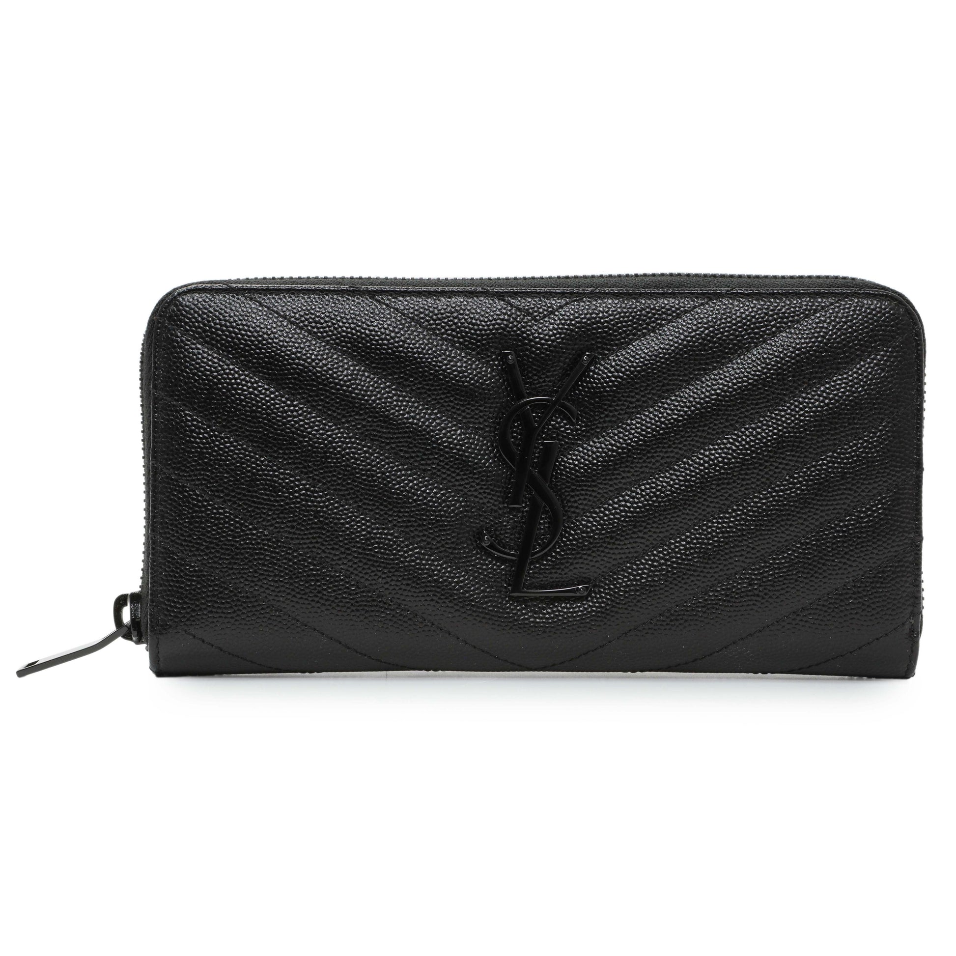 Exclusive Saint Laurent Black Grain De Poudre Matelasse Chevron Monogram Zip Around Wallet — Front View