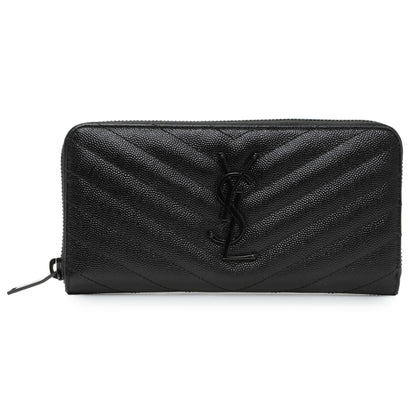 Exclusive Saint Laurent Black Grain De Poudre Matelasse Chevron Monogram Zip Around Wallet — Front View