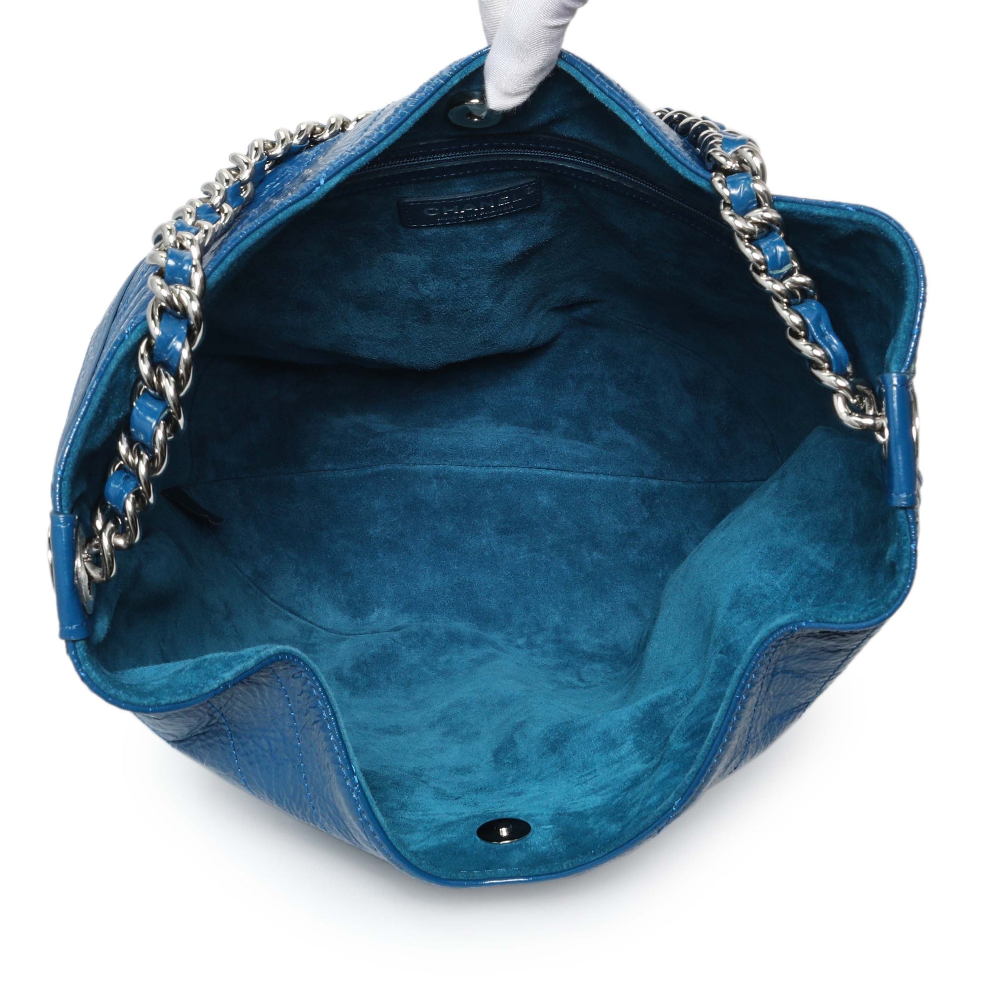 Exclusive Chanel Blue Crumpled Patent Leather Droplet Hobo — Lifestyle View