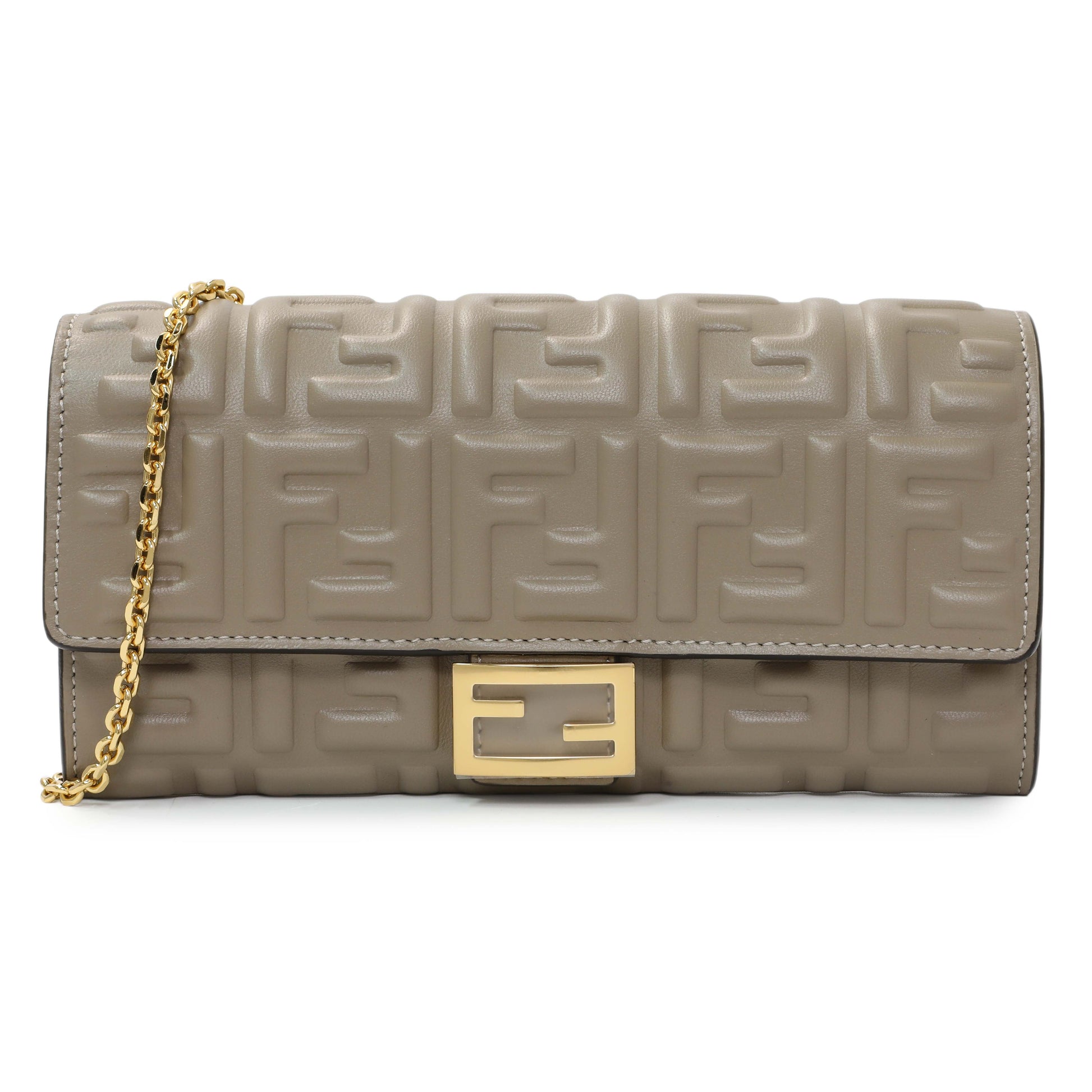 Exclusive Fendi Grey Nappa Matisse FF Embossed Continental Wallet On Chain — Front View