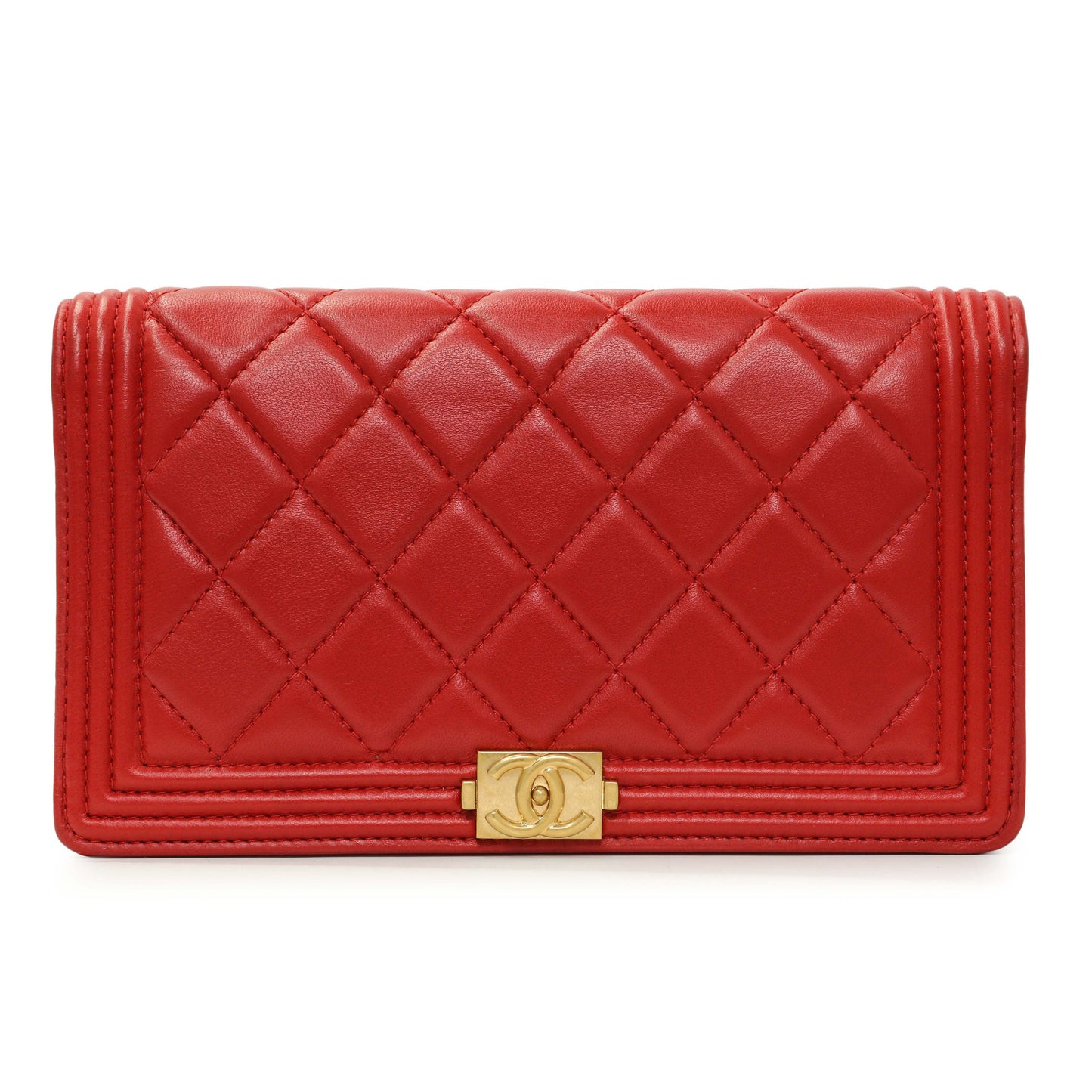 Exclusive Chanel Red Quilted Lambskin Boy Yen Wallet — Front View