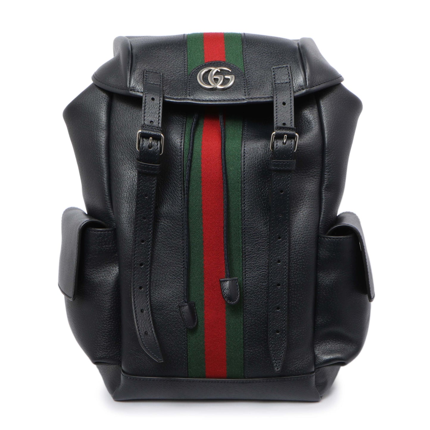 Exclusive Gucci Blue Grained Calfskin Ophidia Double Buckle Backpack — Front View
