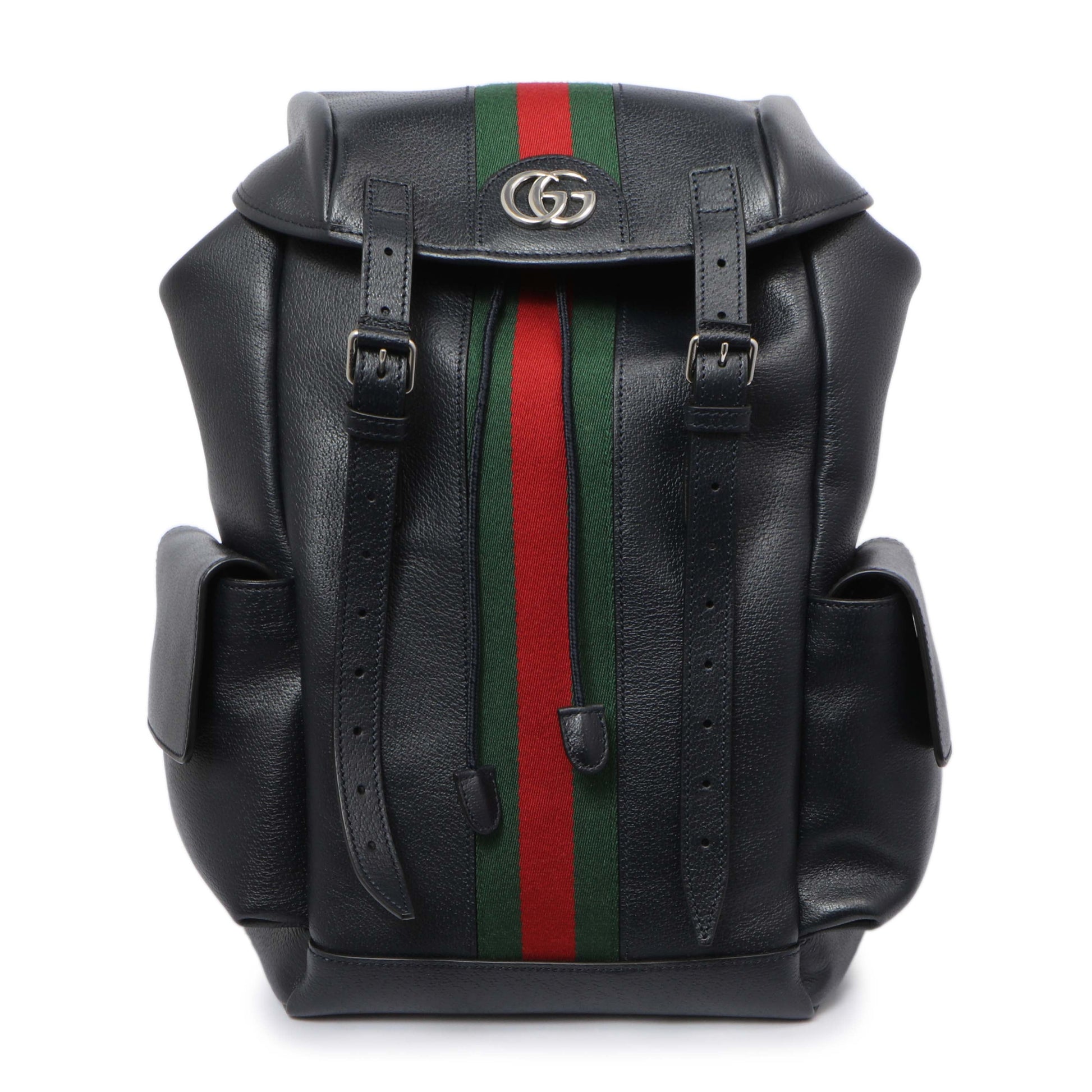Exclusive Gucci Blue Grained Calfskin Ophidia Double Buckle Backpack — Front View