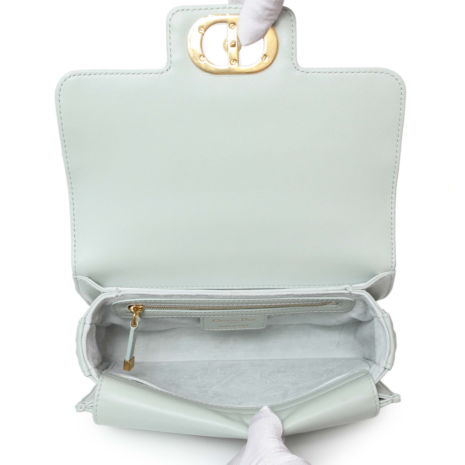 Exclusive Christian Dior Light Blue Lambskin Cannage Small Jolie Top Handle Bag — Top View