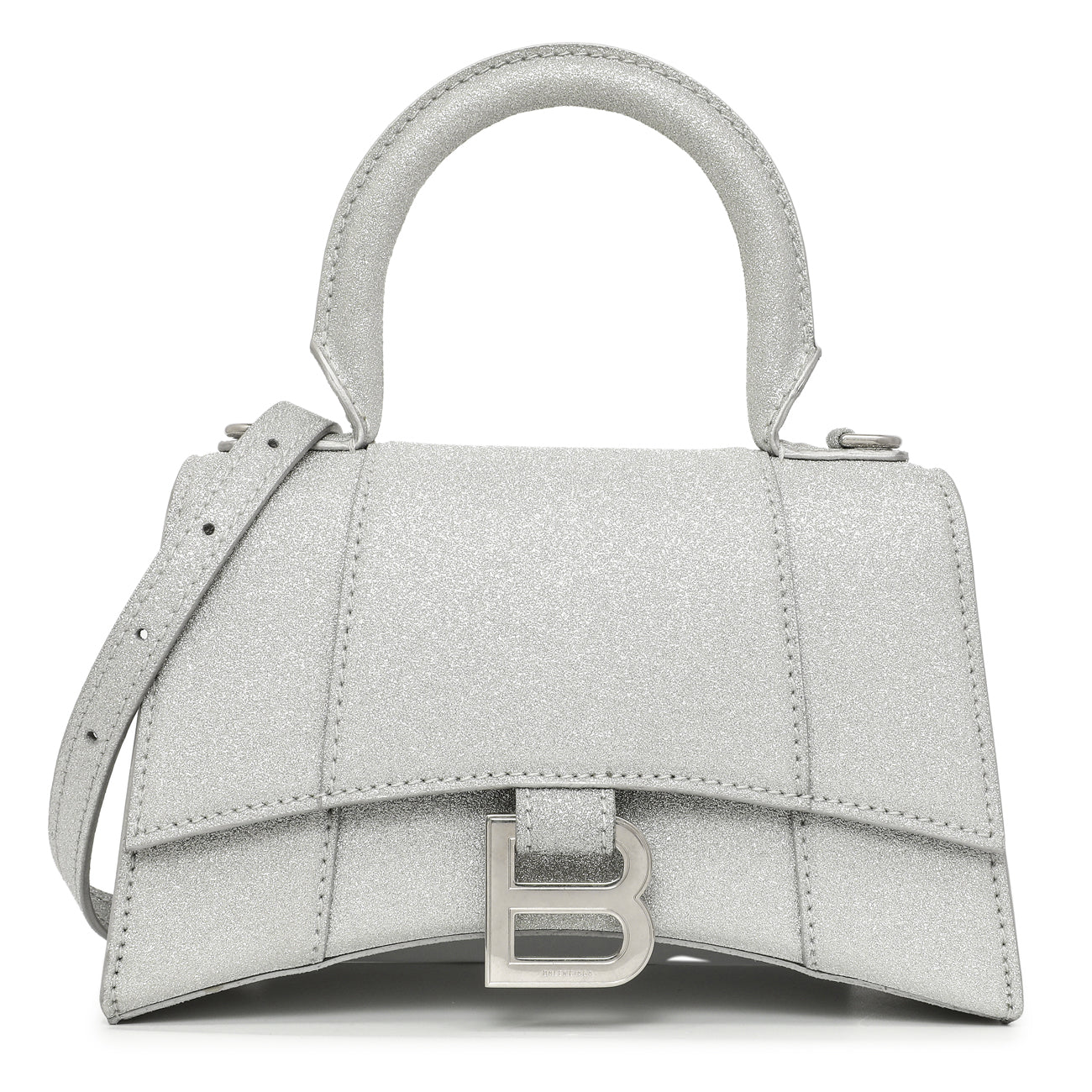 Exclusive Balenciaga Silver Sparkling Fabric Hourglass Top Handle Bag XS — Front View