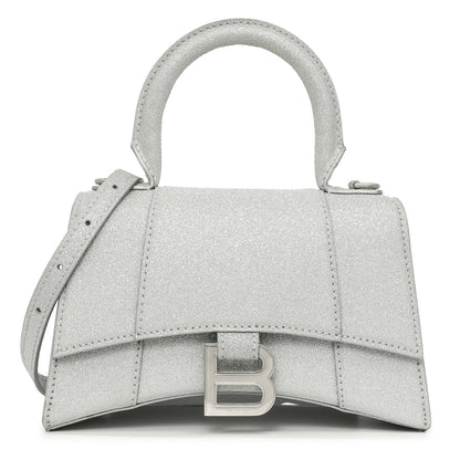 Exclusive Balenciaga Silver Sparkling Fabric Hourglass Top Handle Bag XS — Front View