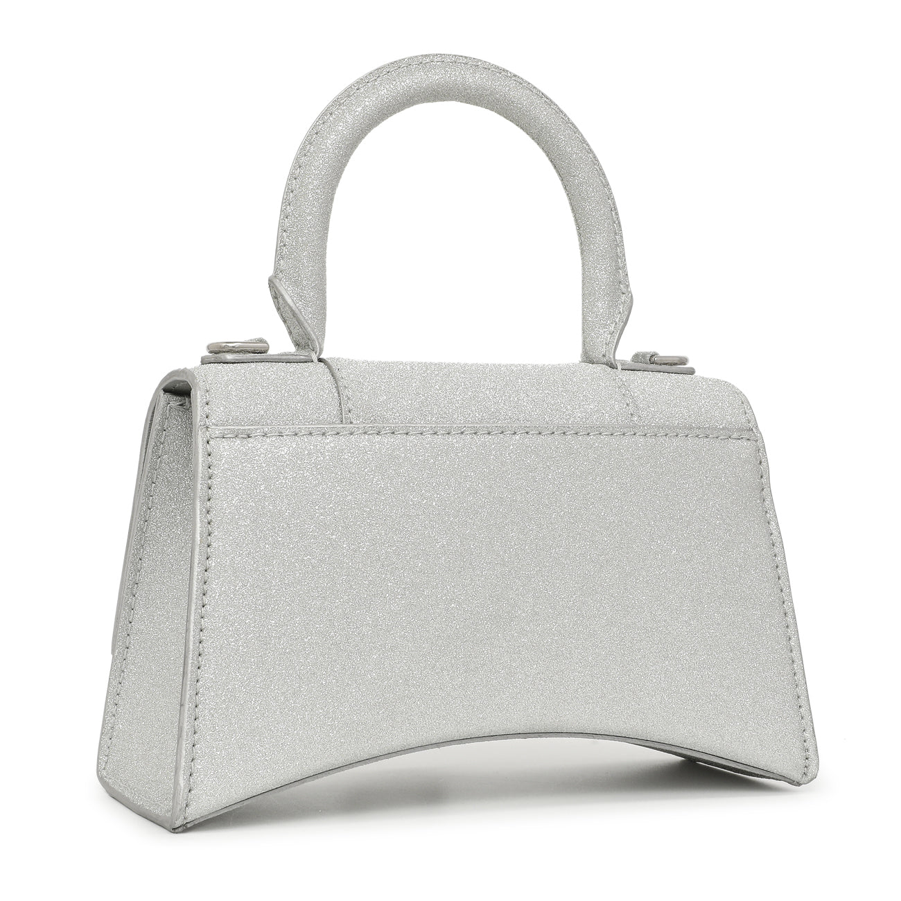 Exclusive Balenciaga Silver Sparkling Fabric Hourglass Top Handle Bag XS — Side View