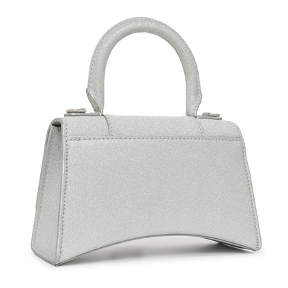 Exclusive Balenciaga Silver Sparkling Fabric Hourglass Top Handle Bag XS — Side View
