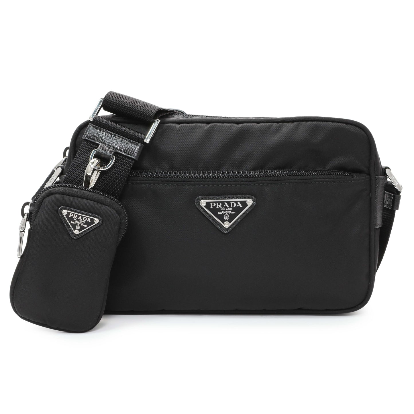 Exclusive Prada Black Re-Nylon Vela Saffiano Pocket Double Zip Shoulder Bag — Front View