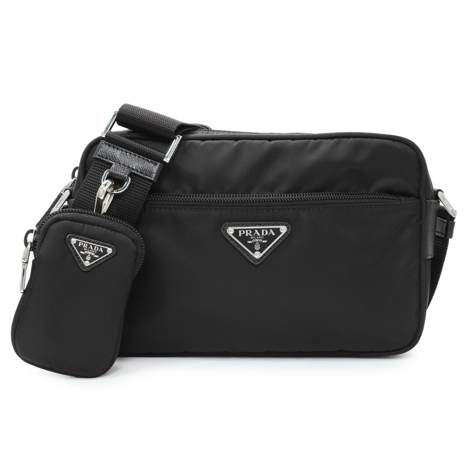 Exclusive Prada Black Re-Nylon Vela Saffiano Pocket Double Zip Shoulder Bag — Front View