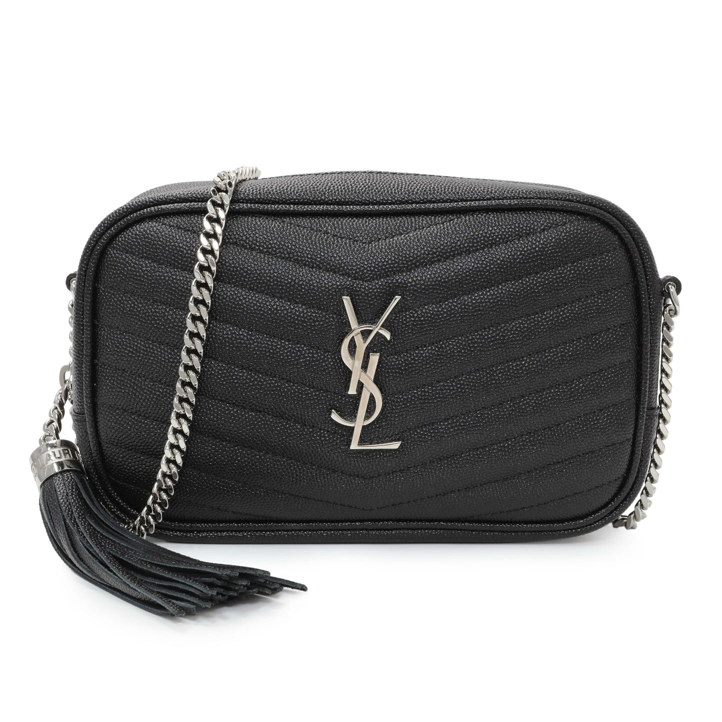 Exclusive Saint Laurent Black Grain De Poudre Matelasse Monogram Mini Lou Camera Bag — Front View