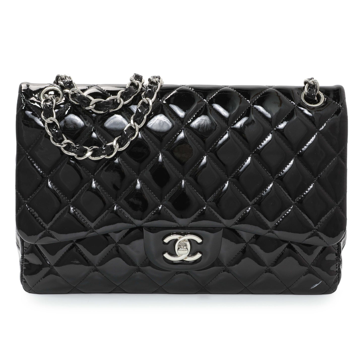 Exclusive Chanel Black Quilted Patent Jumbo Double Flap — Front View