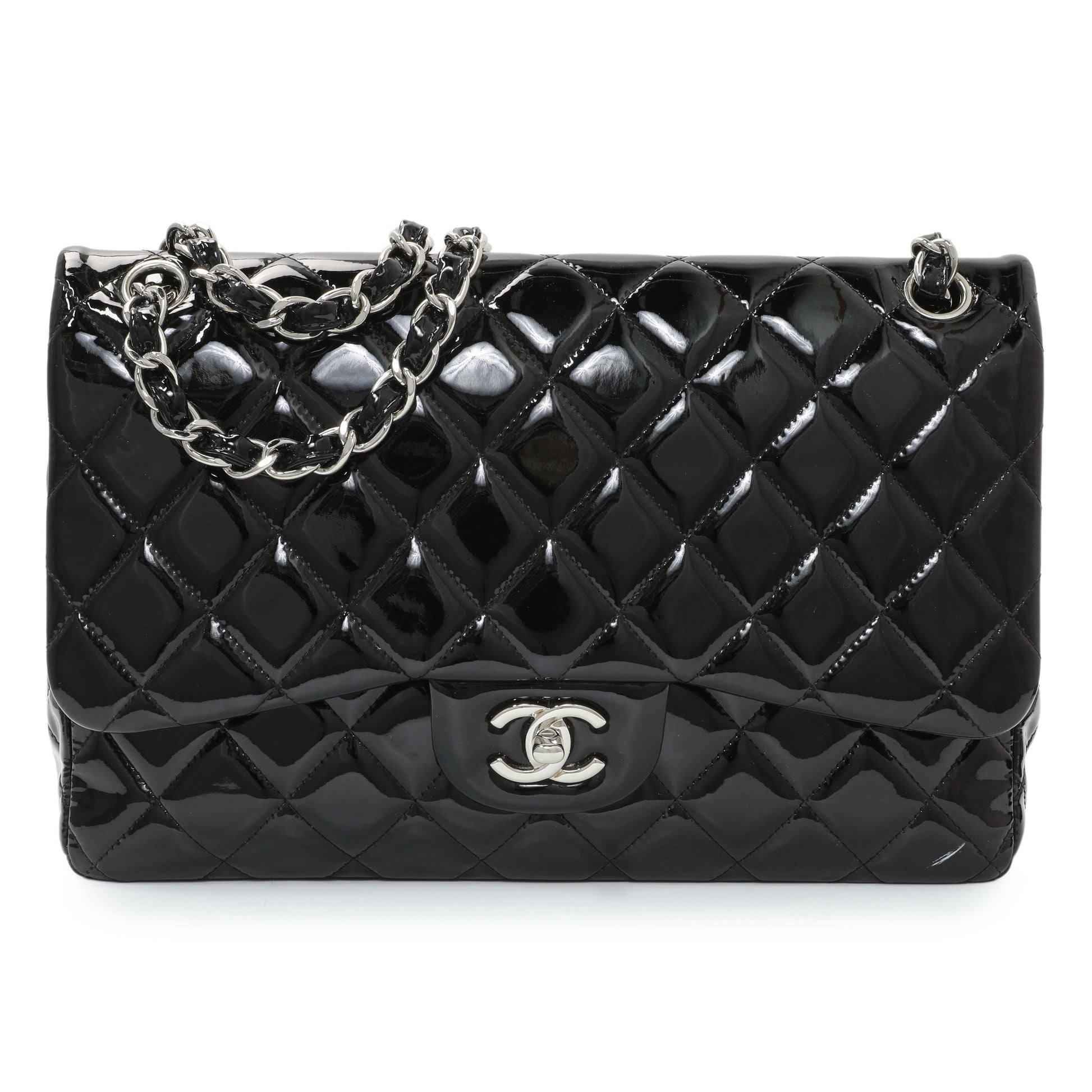 Exclusive Chanel Black Quilted Patent Jumbo Double Flap — Front View