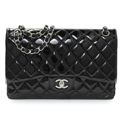 Exclusive Chanel Black Quilted Patent Jumbo Double Flap — Front View