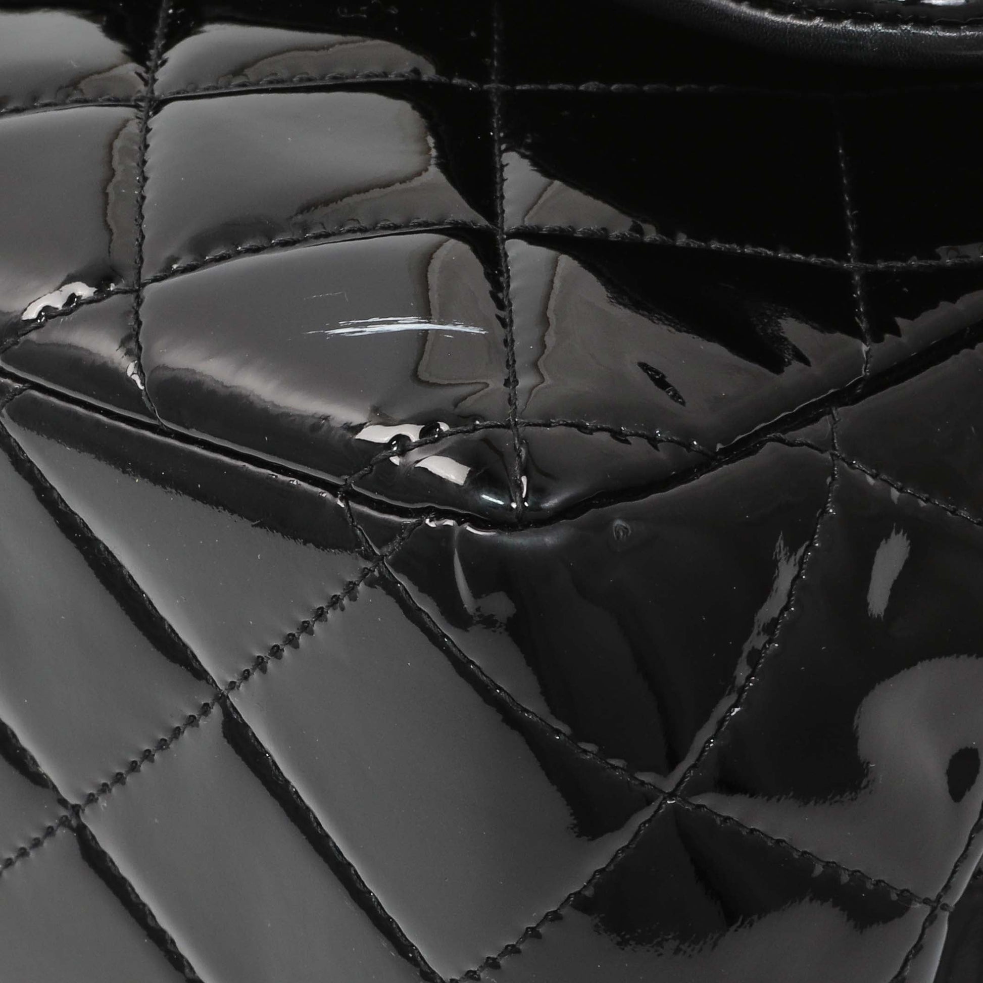 Exclusive Chanel Black Quilted Patent Jumbo Double Flap — Detail View