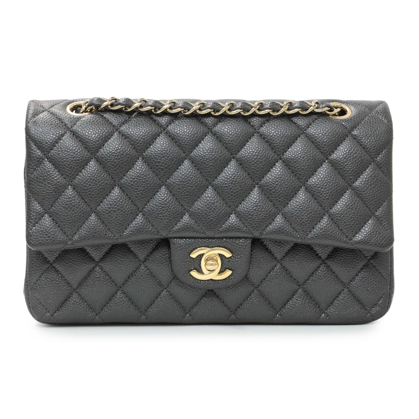 Exclusive Chanel Dark Grey Caviar Medium Classic Double Flap — Front View