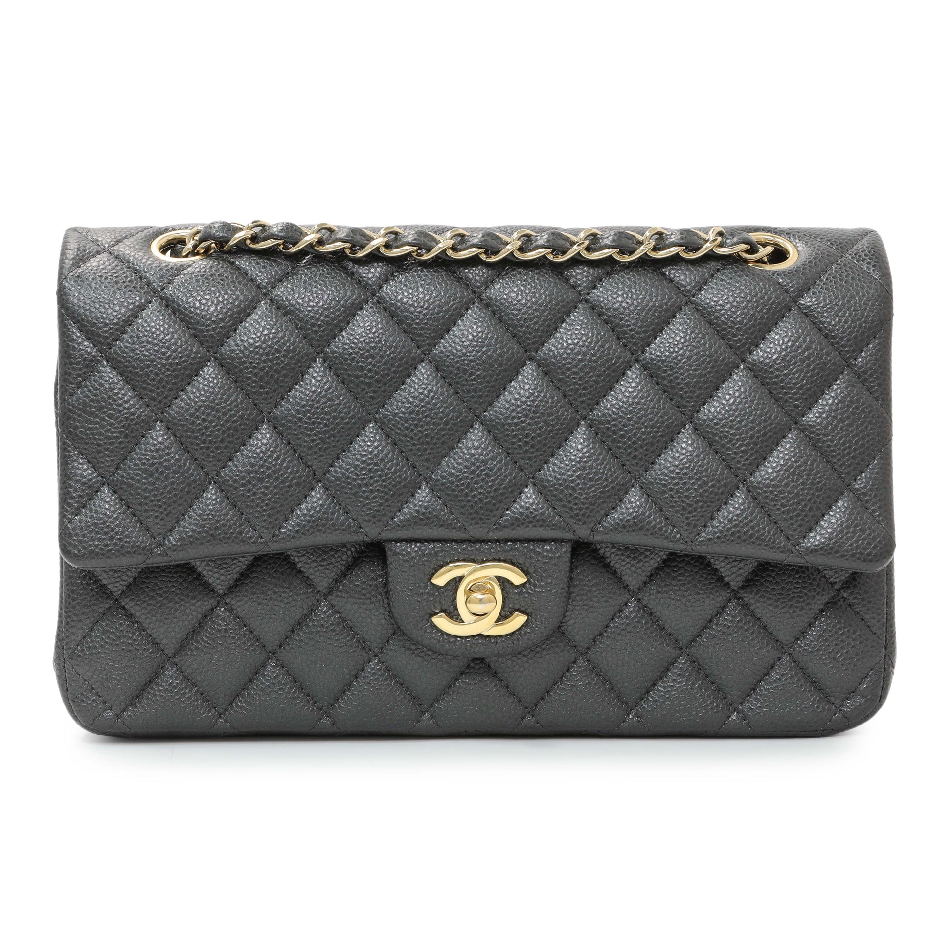 Exclusive Chanel Dark Grey Caviar Medium Classic Double Flap — Front View
