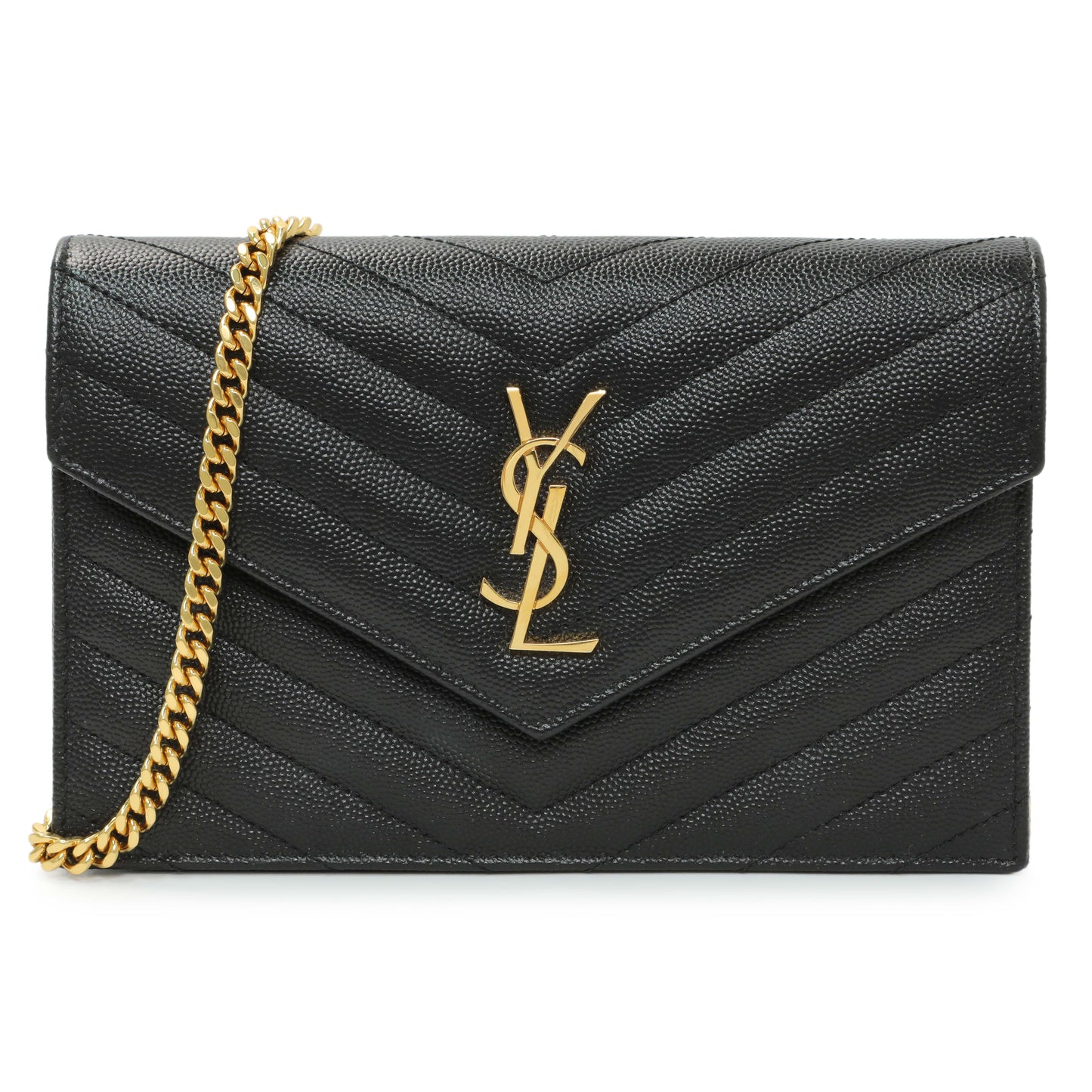 Exclusive Saint Laurent Black Grain De Poudre Matelasse Chevron Monogram Envelope Chain Wallet — Front View