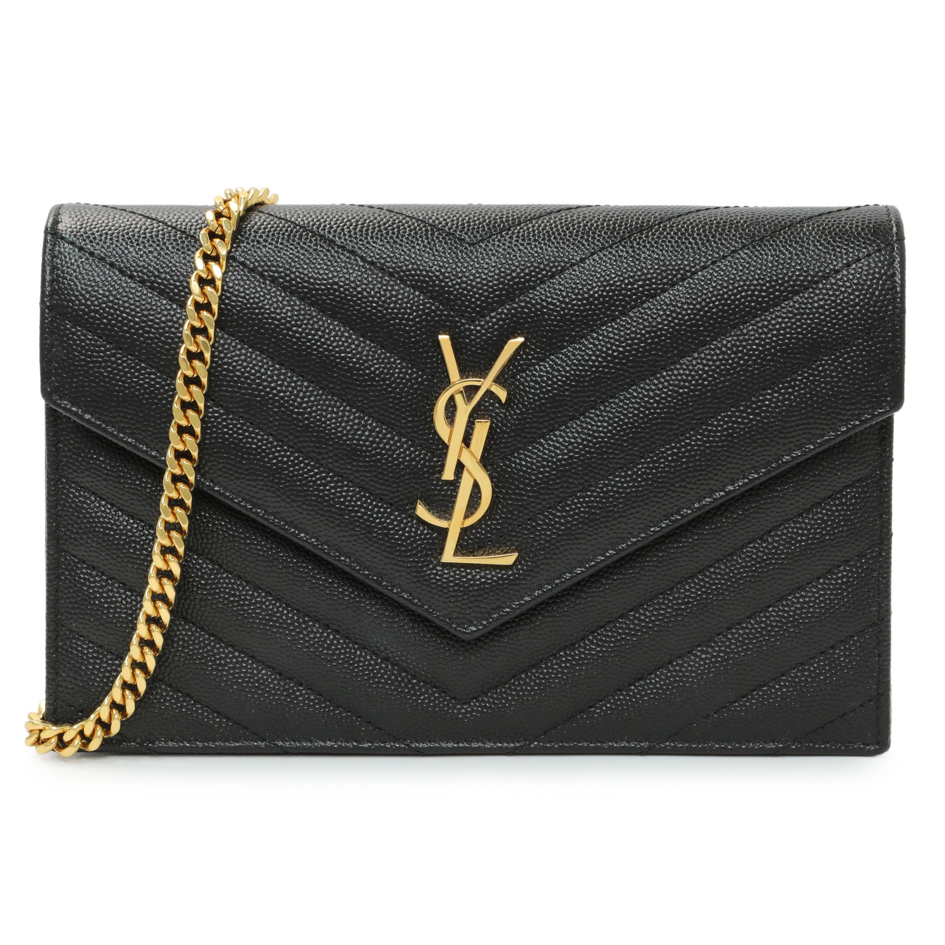 Exclusive Saint Laurent Black Grain De Poudre Matelasse Chevron Monogram Envelope Chain Wallet — Front View