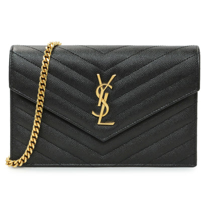 Exclusive Saint Laurent Black Grain De Poudre Matelasse Chevron Monogram Envelope Chain Wallet — Front View